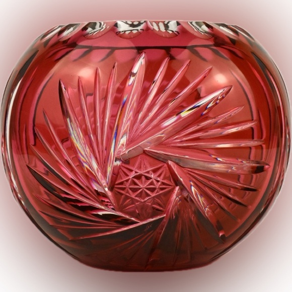 1950’s Crystal Rose Bowl Vase, Cranberry Cut to Clear West Germany Ak Kaiser - Picture 1 of 10